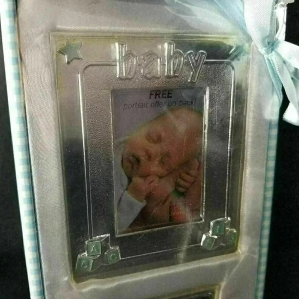 Baby‎ Boy Silver Plated Keepsake Set Photo Frame and Block Blue Gift Box New